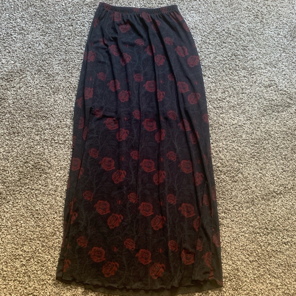 Black Maxi Skirt with Red Rose Print